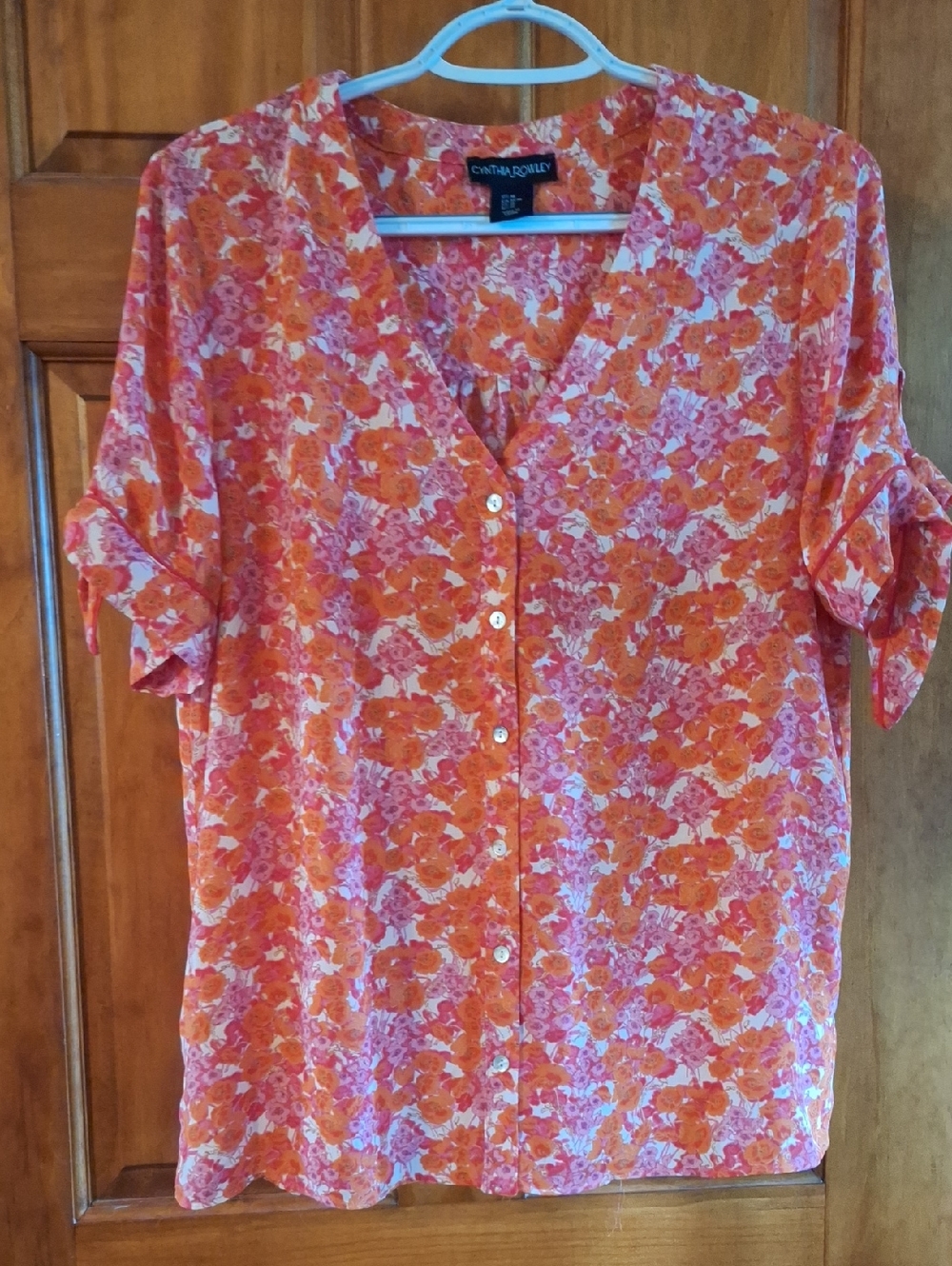 Cynthia Rowley Orange Pink Floral Button-Front Top M Medium